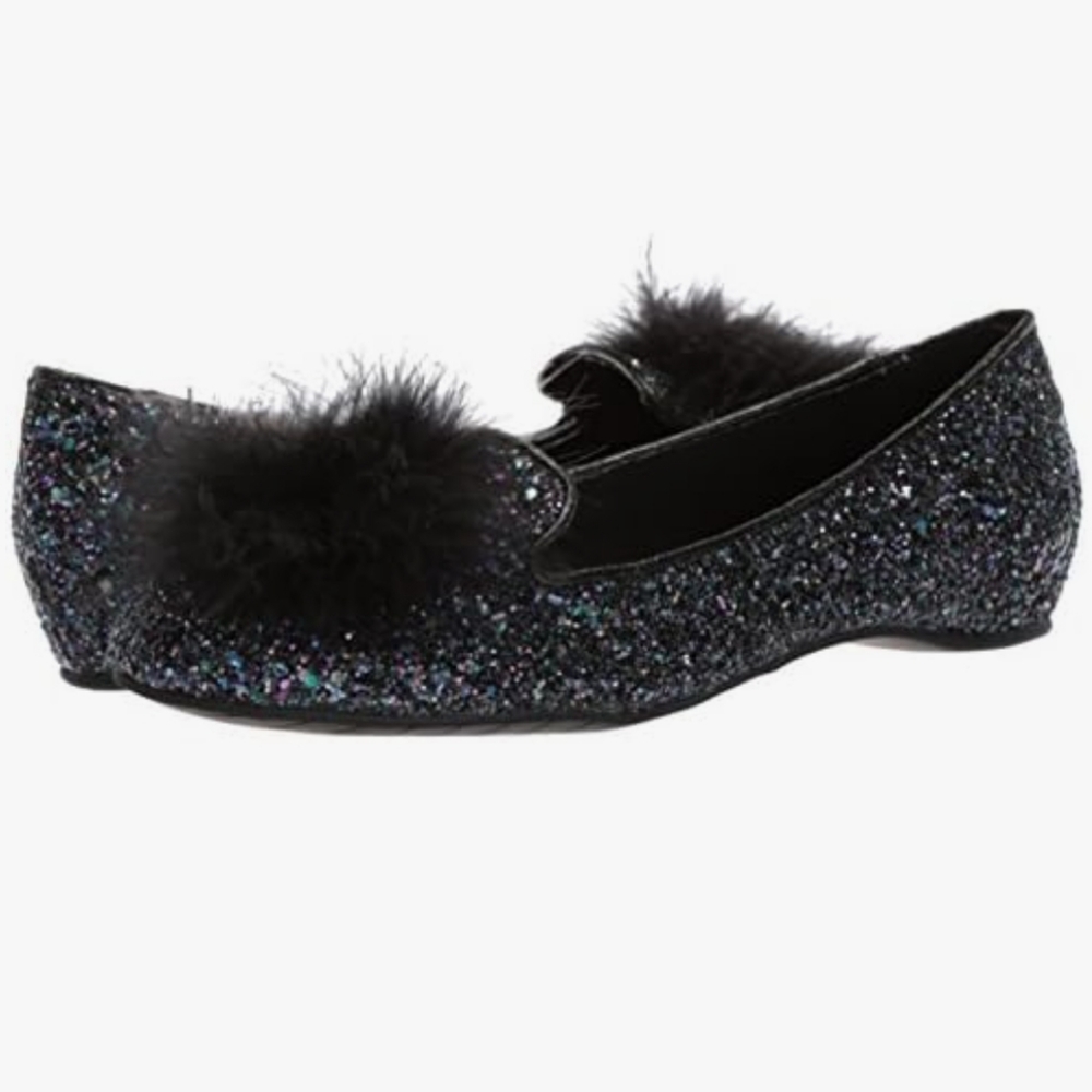 Kenneth Cole Womens Black Pom Pom Feather Gen-Ie Bottle Slip On Flats